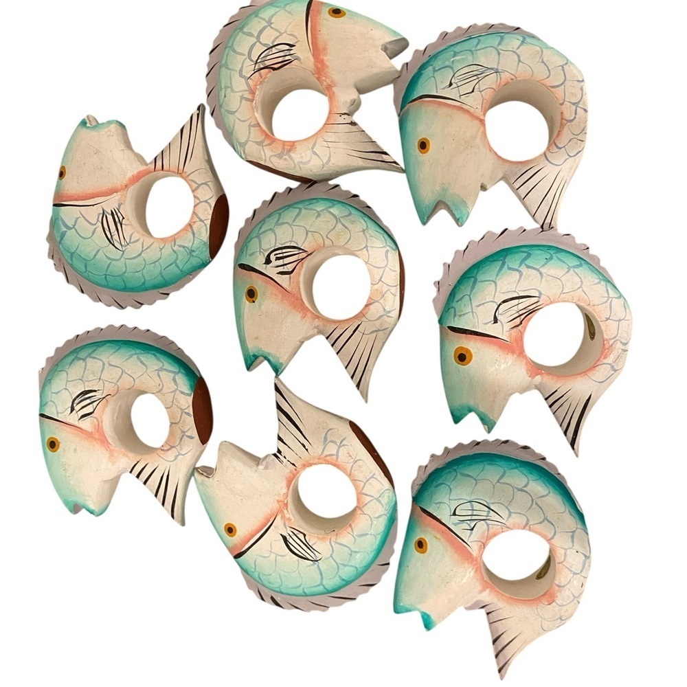 Vintage Hand Carved Fish Shaped Napkin Ring Holders Set Of 8